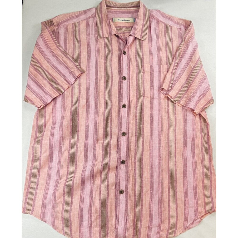Tommy Bahama Mens Pink Brown Striped Short Sleeve Linen Button Up Shirt Size L